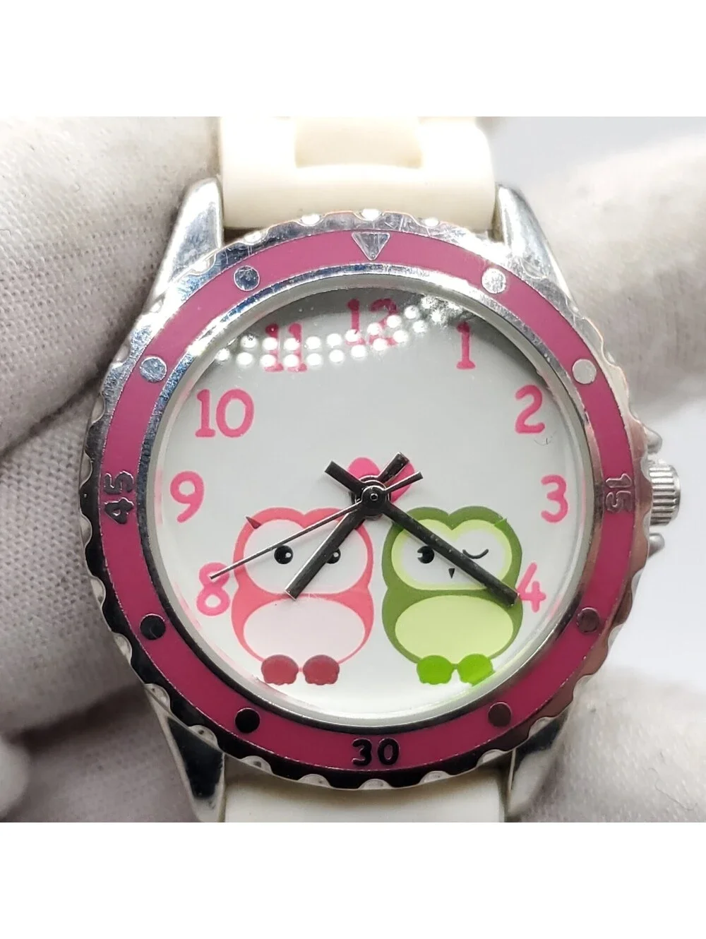 Accutime Two Owl Quartz Womens Watch 33mm Pink Bezel New Battery